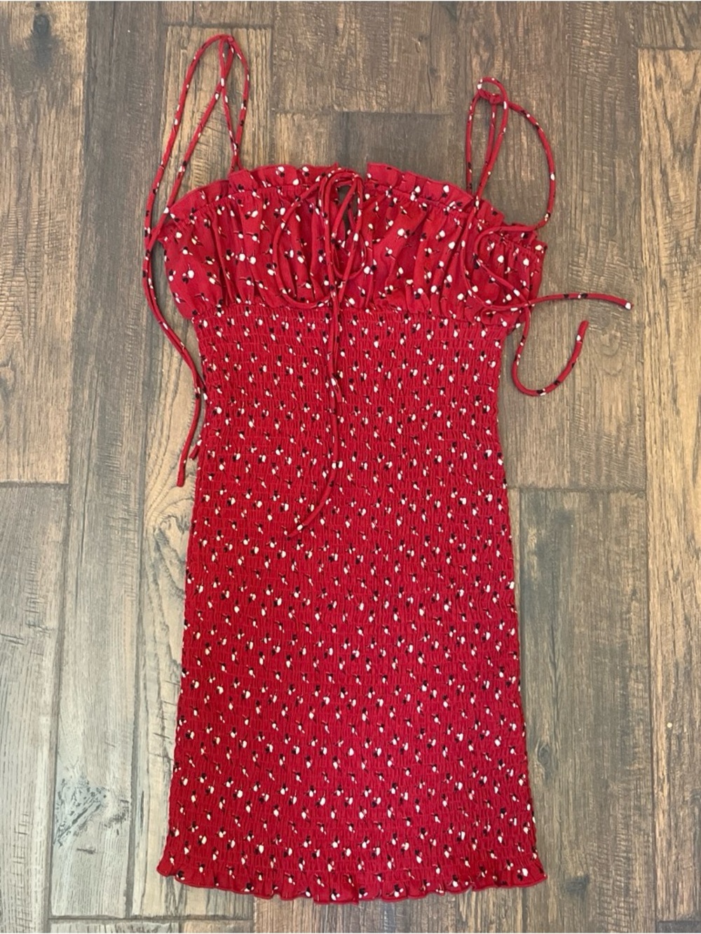 January 7 Floral Red Smocked/Shirred Bodycon Sundress with Tie Straps Size M